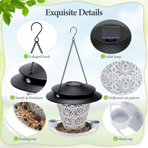 Solar Bird Feeders for Outside Hanging Metal Wild Bird Feeder Solar Lanterns Outdoor Waterproof Garden Decor for Yard White