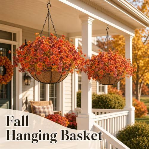 2 Set Artfiticial Fall Hanging Baskets Outdoor,Autumn Porch Decor,Red