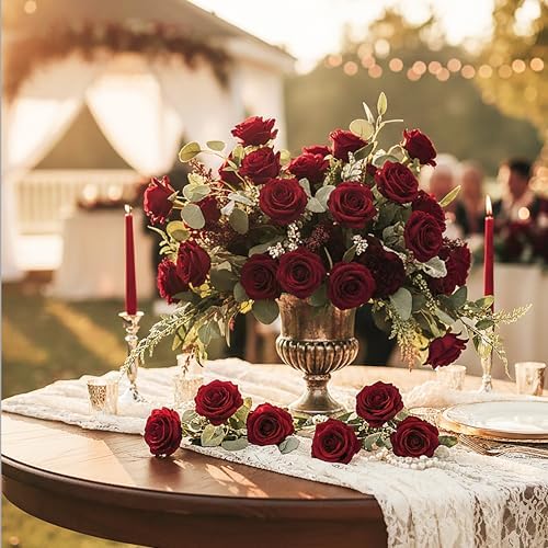 Auihiay 60PCS Burgundy Artificial Roses Bulk, Velvet Silk Fake Roses