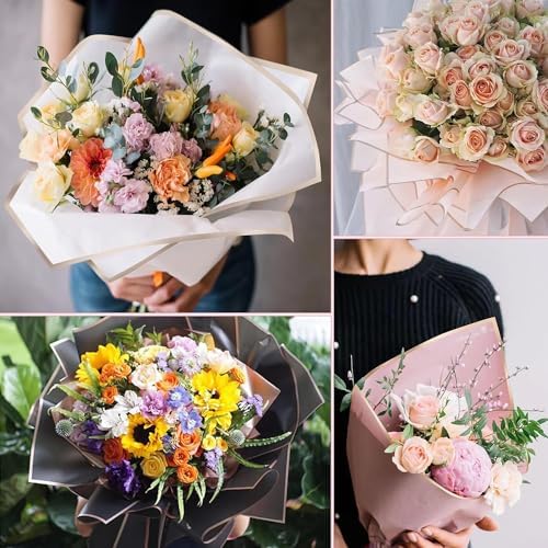 FF Sgdfc 300 Sheets Gold Edge Flower Wrapping Paper Waterproof Bouquet Packaging Paper Florist Bouquet Supplies for Wedding DIY Craft Gift Packing (30 Colors)