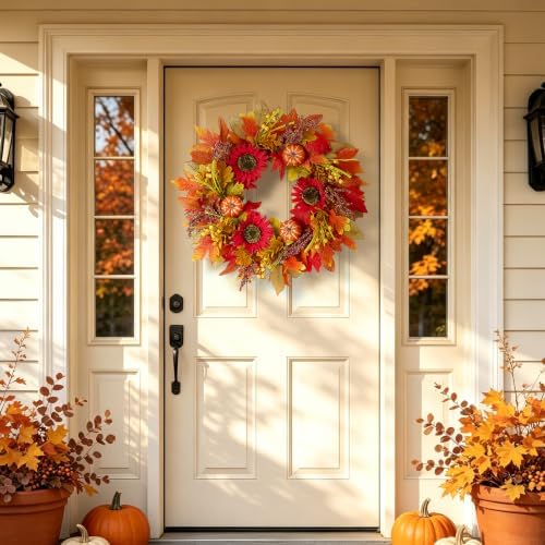 Fall Wreath for Front Door, Autumn Thanksgiving Sunflower Wreath Fall Decor