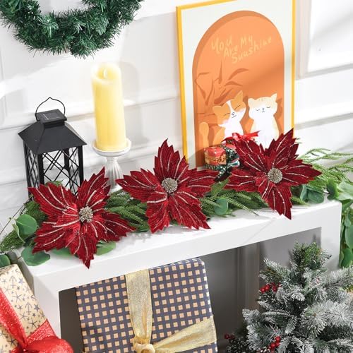 6 Pcs 12" Large Glitter Poinsettia Artificial Christmas Flowers with Stems Xmas Tree Wreath Ornaments New Year Home Wedding Party Decor (Burgundy)