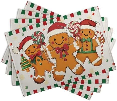 Gingerbread Man Christmas Placemats Set of 4 Candy Cane Xmas Seasonal Holiday Linen Table Mats Red Green Orange Winter Washable Place Mats for Party Kitchen Dining Outdoor Indoor Decor