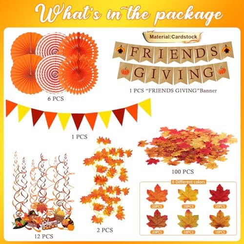 Famoby FRIENDSGIVING Paper Banner Triangular Bunting Maple Leaf Garland Plastic Streamer Paper Fans for Autumn Harvest Thanksgiving Day Party Decoration (Not Burlap)