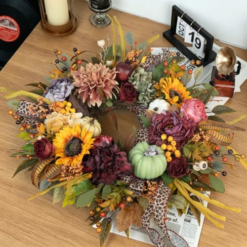 Fall Wreaths for Front Door 24 Inch Autumn Wreath with Pumpkins, Sunflowers
