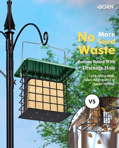 iBorn Double Suet Feeder- Metal Roof Bird Feeder with Taller Grid for Woodpeckers, Suet Cake Cage Bird Feeder for Outdoors Hanging,Easy-Clean & Refill,Green (2 Pack)