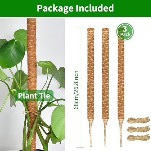 3 Pack Moss Pole, 26.8-Inch Moss Poles for Plants Monstera, Bendable Plant Support Stakes for Climbing Plants Indoor, Garden Trellis Plant Stick for Potted Plants, Pothos Philodendron