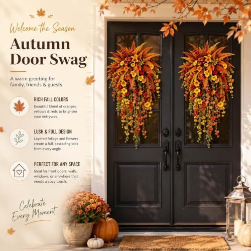 Artificial Fall Harvest Hanging Basket with Hanging Flowers (3PCS)