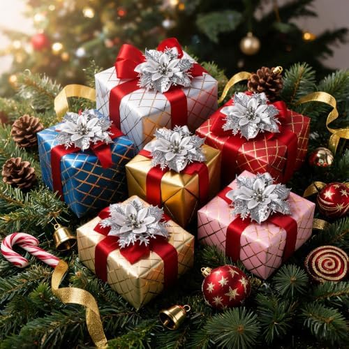 30PCS Artificial Christmas Poinsettia Flowers with Clips and Stems, 5.5 Inch Glitter Silver Xmas Tree Decorations, Holiday Poinsettia Picks Ornaments for Christmas Tree, Wreaths, Garlands & Home