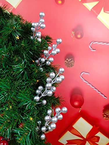 Artificial Berry, 24 pcs Christmas Berries Stems, Artificial Christmas Picks, Berries Stems for Xmas Tree Ornaments Wreath Decorations Home (Silver)