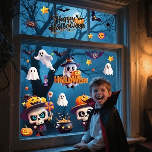 AhfuLife 95Pcs Halloween Window Clings, 9 Sheets Reusable Halloween Skeleton Window Stickers Cute Stickers for Kids Home Window Indoor Party Decorations