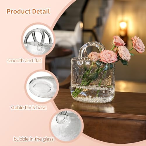 Glass Purse Vase with Handle – 10 Inch Handmade Clear Glass Handbag Vase, Multifunctional Centerpiece for Flowers, Fish Tank, or Home Decor, Table, Bedroom, Kitchen, and Events