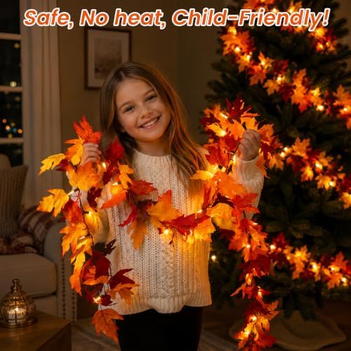 2Pack 9Ft 50 LED Maple Leaf Garland Battery Operated with Timer,8 Modes Waterproof Fall Decorations for Home Fall Garland with Lights for Fall Thanksgiving Table Harvest Home Indoor Decorations