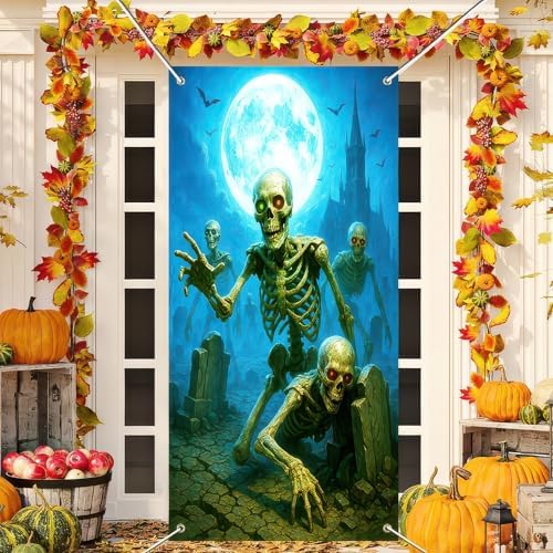 BlissYard Halloween Skeleton Graveyard Door Cover 35x71 Inch Polyester