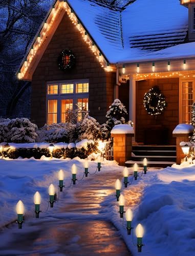 GOOTHY C9 Christmas Pathway Lights Outdoor 38Ft Connectable C9 LED Christmas String Lights with 25 LED Warm White Stakes Lights for Walkway Outdoor Yard Driveway Lawn Decorations