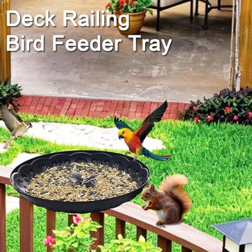 Deck Railing Bird Feeder Tray,Metal 11" Platform Bird Feeders Mesh Seed Tray for Outside/Balcony (Black-1pack)