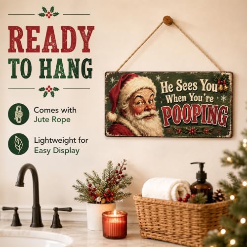 Christmas Decorations - He Sees You When You're Pooping Funny Santa Sign