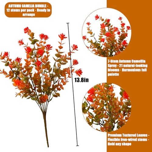 alyptus Artificial Flowers – 12 Bundles Fake Outdoor Fall Flowers UV Resistant No-Fade Faux Plants for Porch, Patio, Garden, Office & Fall Decor