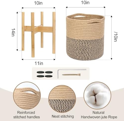 Plant Basket with Stand, Indoor Round Wicker Basket Plant with Bamboo Wood Stand, Decorative Woven Rope Flower Indoor Planter with Legs, Boho Bamboo Wood Planter Holder (Jute Black Stripes)
