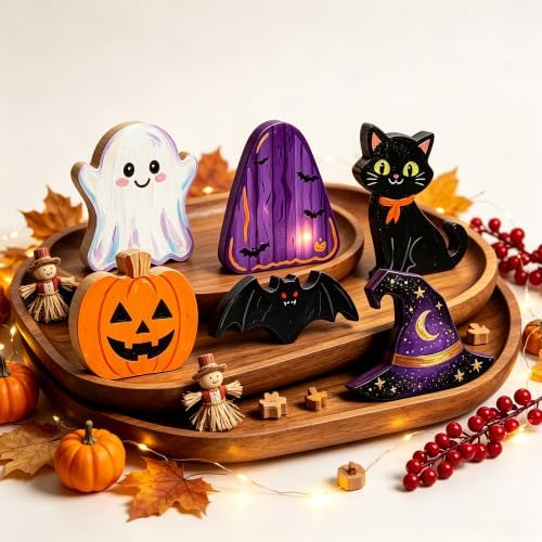 Halloween Wood Craft Kit, 6 DIY Paintable Wooden Ornaments for Tabletop