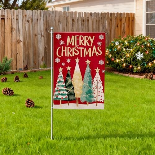 Merry Christmas Trees Garden Flags 12x18 Inch Double Sided for Outside,Small Burlap Holiday Red Yard Decoration,Weather Resistant Outdoor Hanging Banner for Patio Lawn Festive Xmas Decor