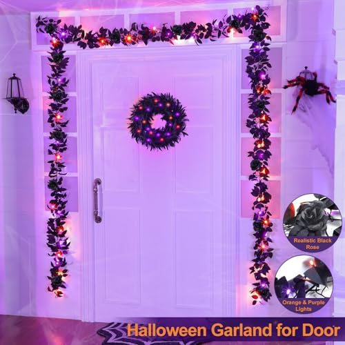 Timer - 6 Ft Halloween Garland with Lights and Black Roses Halloween Decor