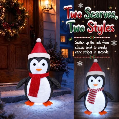Lighted Christmas Penguin Decor, 45 LEDs, 2 Light Modes, 2 Scarves