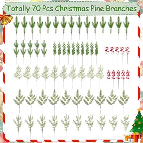 70 PCS Artificial Pine Branches with Berries, Christmas Greenery Fake Pine Needle Faux Red Berry Stems, Christmas Floral Picks for DIY Crafts Wreath Garland Home Décor