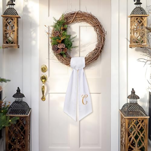 2 Pack Wreath Sash for Front Door Monogrammed Embroidery Wreath Sash for Boxwood Front Door Porch Wreath Garland Decor(Letter C)