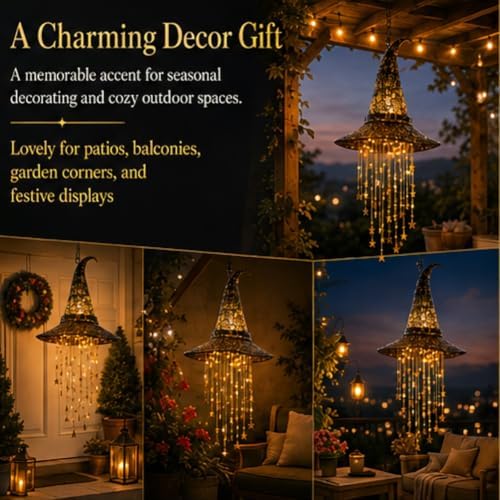 Lighted Witch Hat Hanging Chime, Halloween Outdoor Ornament, Glowing Mesh Cascading Stars, Black Frame Decoration, Party Decor, Flying, LED Lighted Window Tree Displays(3pcs)