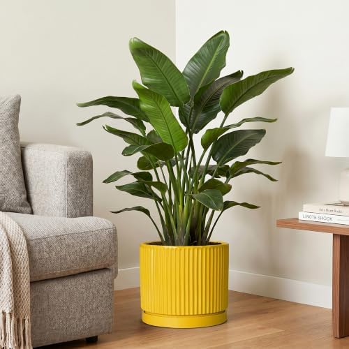 Ceramic Pots for Plants, 10 Inch Plant Pots with Tray, Yellow