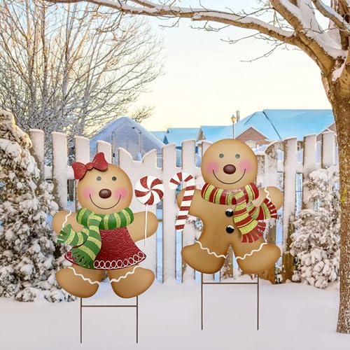 Outdoor Christmas Decorations,27" H Large Gingerbread Boy and Girl Metal Yard Stakes,Set of 2, Rustic Winter Signs for Lawn Garden,Patio, Pathway & Front Yard,Farmhouse Porch Outside
