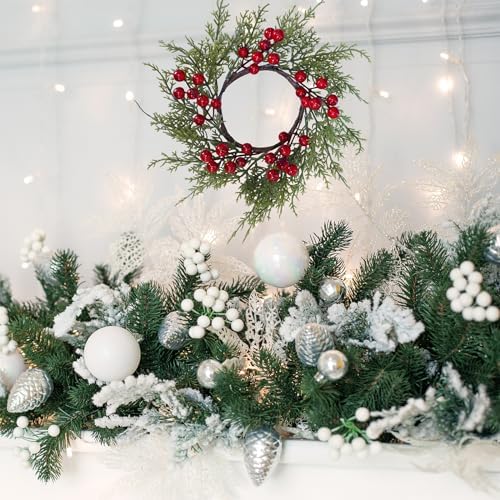 Winlyn 4 Pcs Artificial Cedar and Berry Candle Rings Christmas Candle Holder Wreath Rings Mini Wreaths Ornaments 13.4" Wide for Tabletop Decoration Winter Wedding Christmas Holiday Season