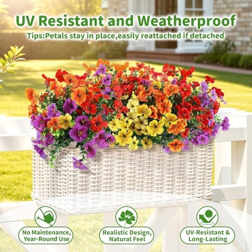 Artificial Outdoor Flowers, UV Resistant Waterproof Faux Plants, 12 Bundles
