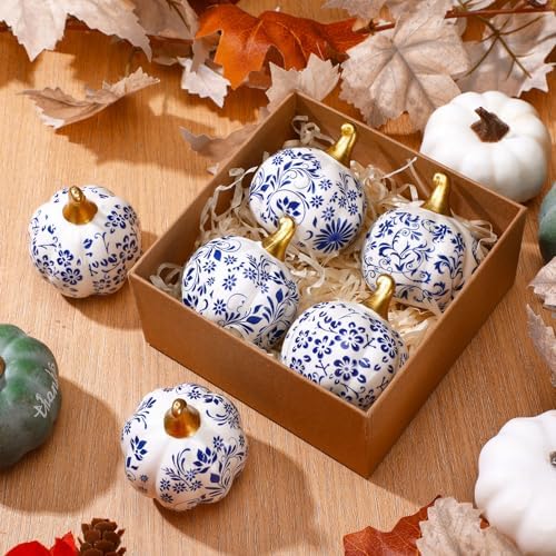 DoubleFill 6 Pcs Blue and White Ceramic Pumpkins Classic Fall Table Decor