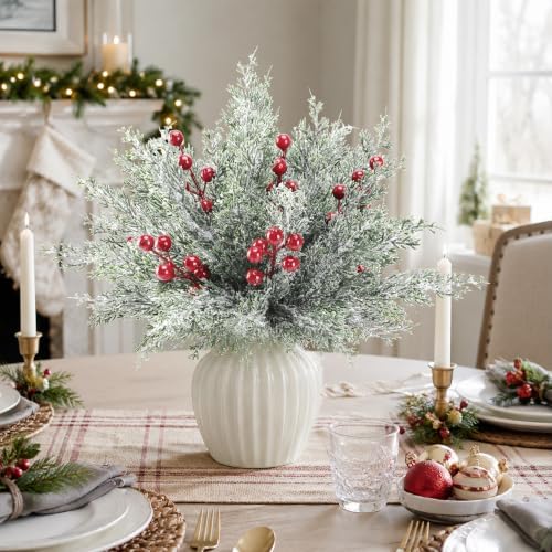 35Pcs Christmas Snow Pine Branches with Red Berries,Snowy Norfolk Pine Stem