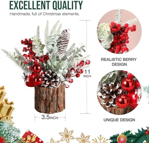 hatisan Small Christmas Tree, Artificial Christmas Tree with Christmas Ornaments Pine Cone Berry, Tabletop Christmas Tree for Christmas Decorations Home Room Party Winter Indoor Outdoor((Red-Round)