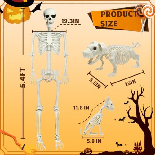 5.4ft Halloween Full Size Skeleton with Dog Cat for Haunted Party Decor