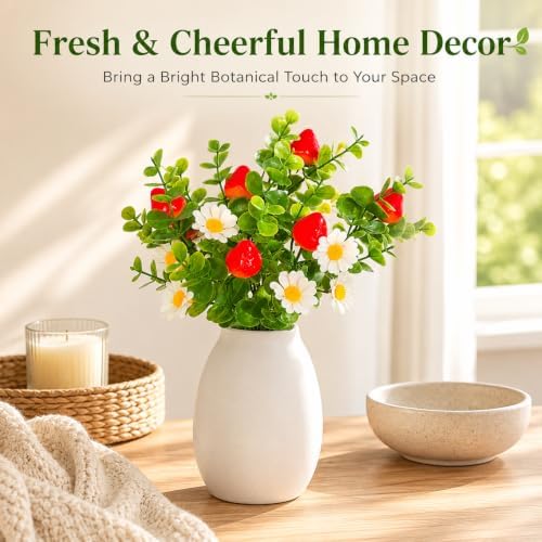 6 Pcs Artificial Strawberry Branches, Artificial Eucalyptus Flower Stems with Berries, Faux Greenery Daisy Picks for Vase Wreath Wedding Home Decor