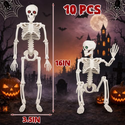 10 Pack Halloween Skeleton Decor 16" with Eyes & Box (White)