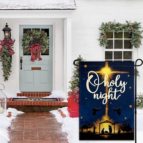 Oh Holy Night Garden Flag 12 X 18 Inch Double Sided Christmas Garden Flag Winter Christian Flag for Outside House Yard Indoor Outdoor Holiday Sign Decor