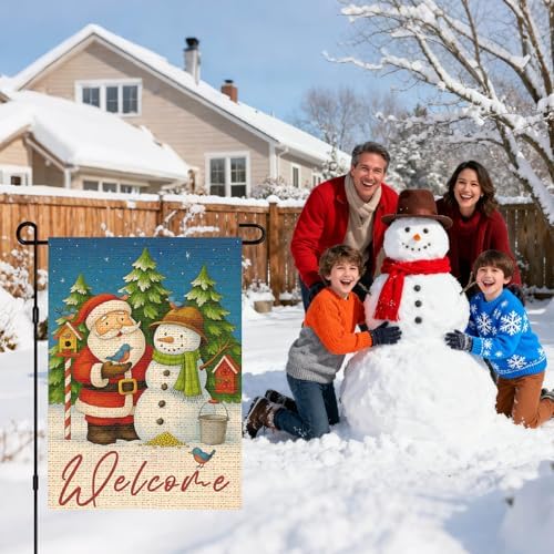 IVN Christmas Santa Snowman Welcome Garden Flag 12x18 Inch Yard Decor
