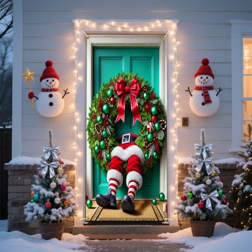 Funny Stuck Santa Legs Christmas Pine Ring Door Cover 35x71in