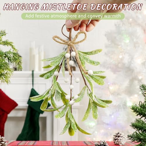 2 Pcs Frosted Mistletoe Hanging Decorations, 10.6'' Artificial Mistletoe Ornament Hanging Kissing Ball with Berry for Christmas Winter Holiday Decor (2, White)