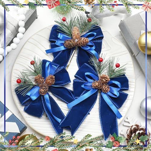 Syhood 6 Pcs Christmas Bows Xmas Velvet Bows Tree Decor, Blue