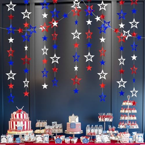 Patriotic Star Streamers Banner Garland Glitter for 4th of July BBQ Memorial Day 250th Anniversary Party Glossy Independence Day Celebration Labor Day Decorations Red White Blue 1 Strand 157.5In