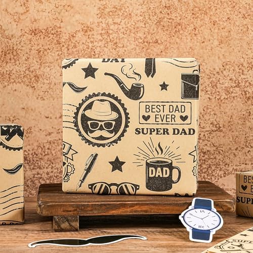 LeZakaa 10 Sheets Fathers Day Flower Wrapping Paper, Happy Father's Day Dad Theme Gift Wrap, Brown Kraft Floral Bouquet Paper for Men Husband Grandpa DIY Gift Packaging, 19.7 x 27.6In Each