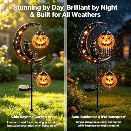 Halloween Solar Lights, Halloween Black Cat Pumpkin Moon Garden Stake Light