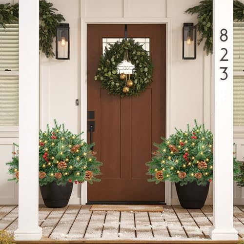 ENVEN Outdoor Christmas Tree Frosted Urn Filler 2 Set, Pre-lit Artificial Xmas Tree with Cones & Red Berries, Small Christmas Tree with 70 Warm Lights