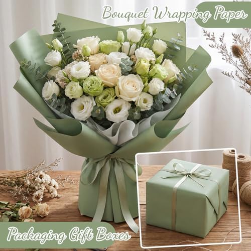 woric 25 Sheets Sage Green Flower Bouquet Wrapping Paper